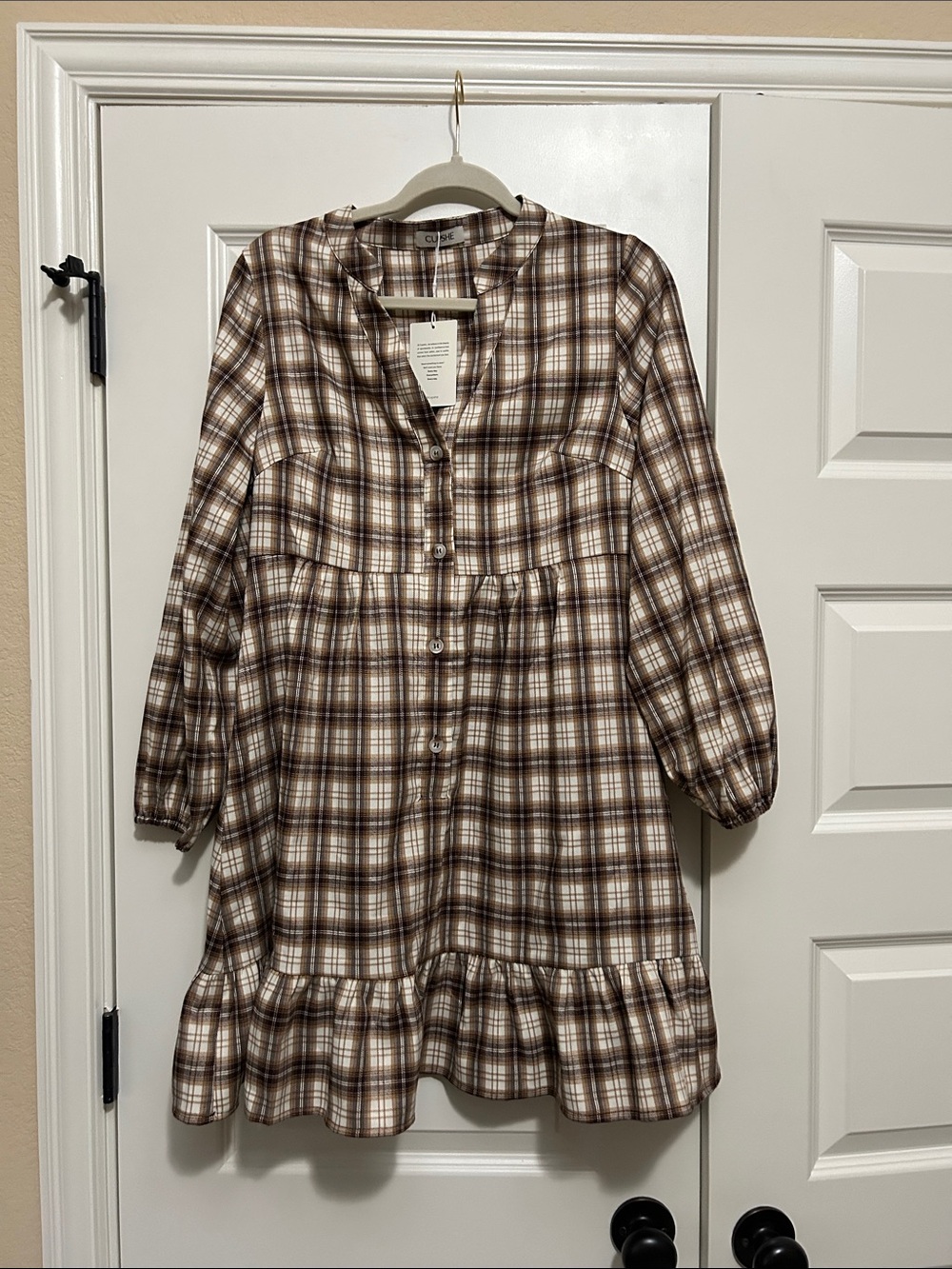 Plaid Brown and Cream women’s' Button-Front Mini dress